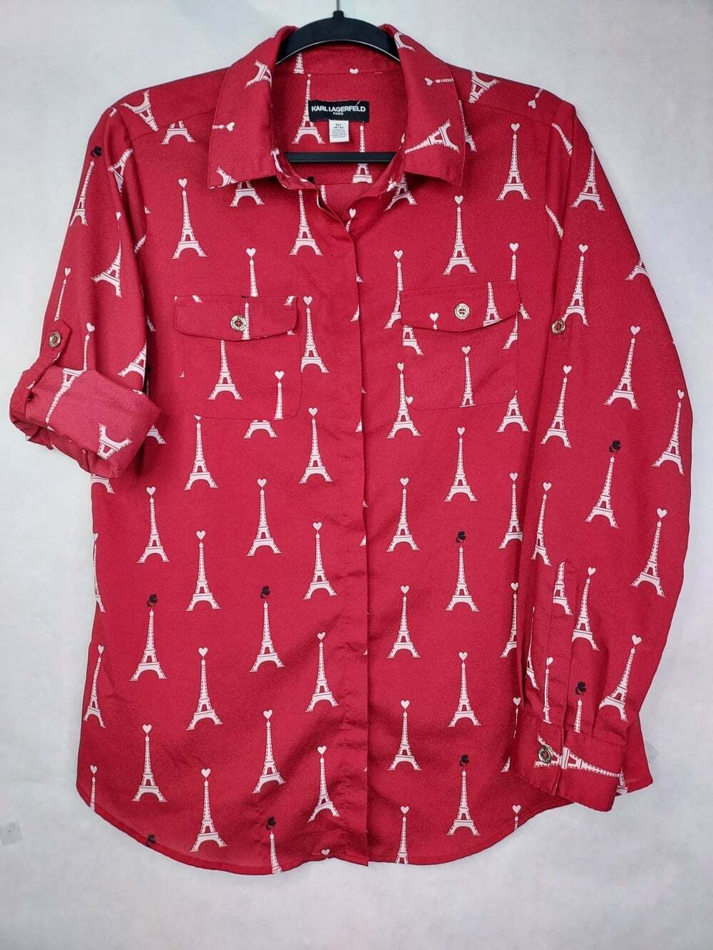 Karl Lagerfeld Eiffel Tower Blouse Womens M Red Hearts Button Up Roll Tab Sleeve